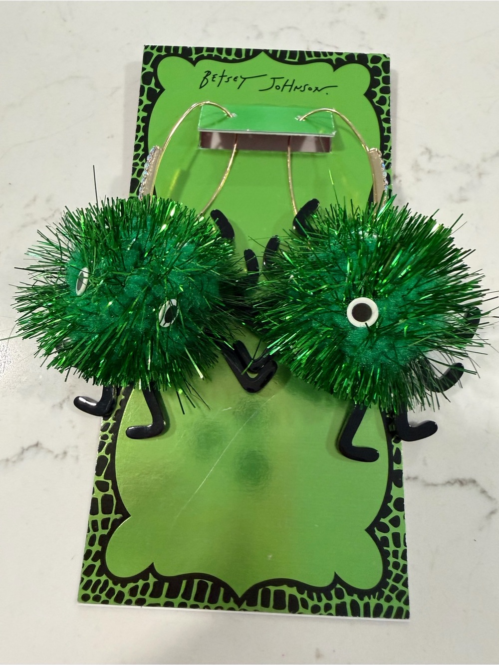 Betsey Johnson Green Tinsel Pom-Pom Monster Earrings
